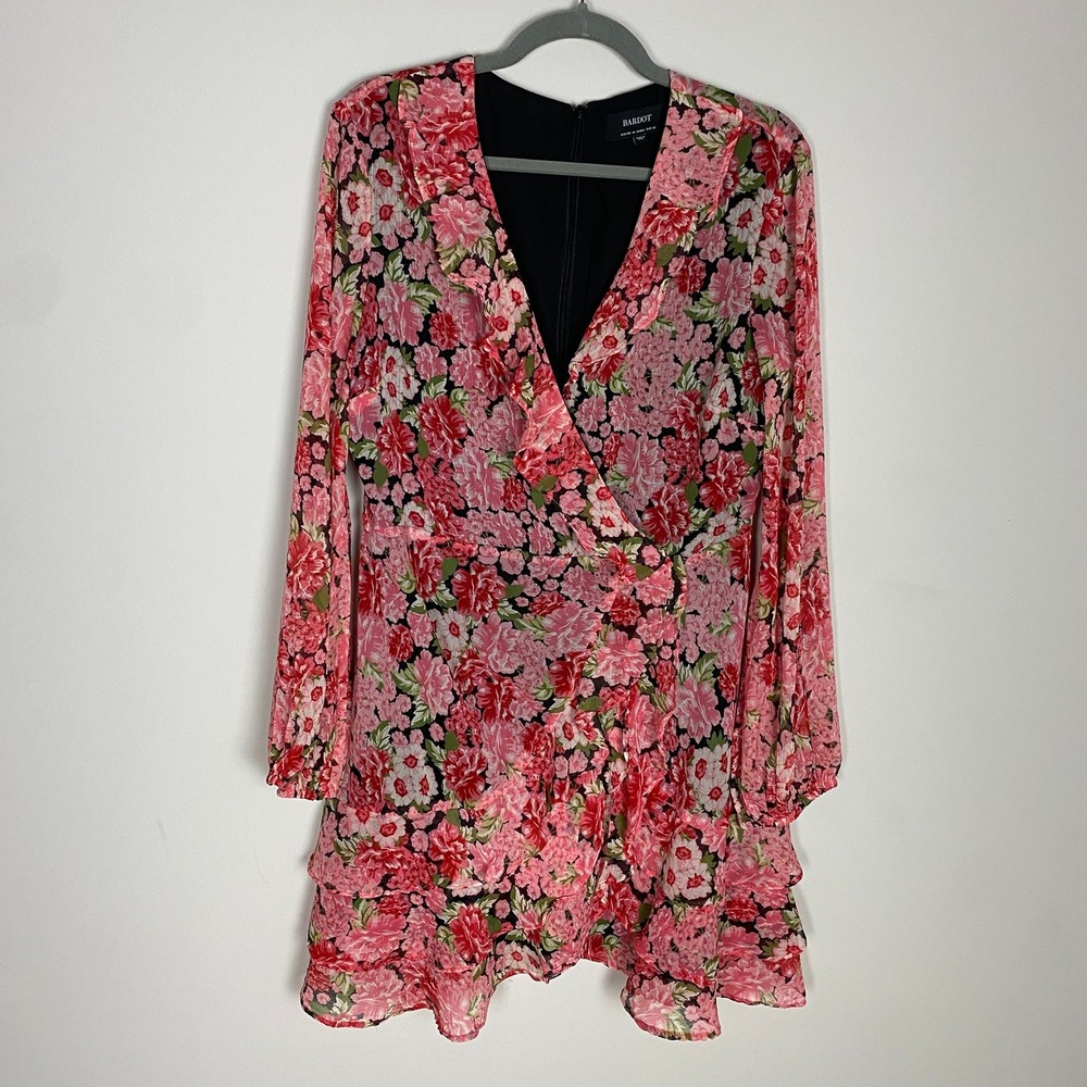 Bardot Revolve Triple Frill Dress Floral Ruffle Mini Size 10 Long Sleeves Garden